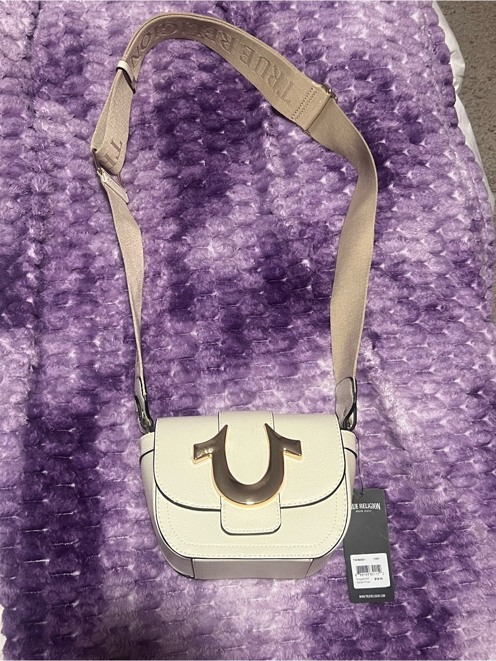 True Religion Cream Crossbody with Gold Accent and Beige Strap